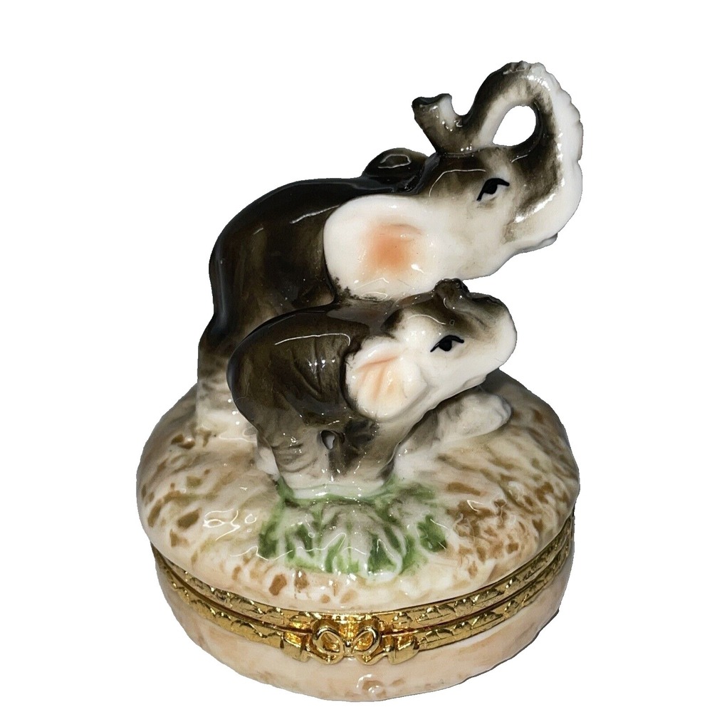 Lefton Porcelain Elephant Trinket Box Hinged Mother and Baby w/ Box VTG 1999